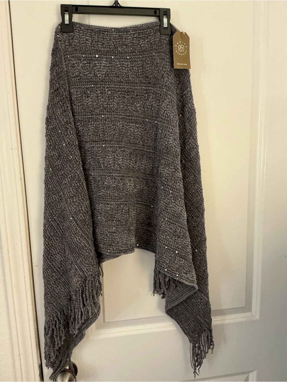 Janice Apparel Charcoal Gray Knit Poncho Sequined Shawl Fringe Wrap NWT